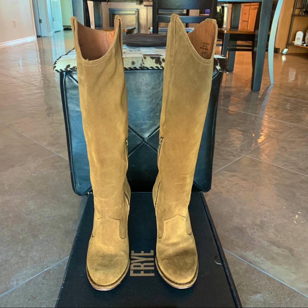 Frye Tan Suede Knee-High Heeled Boots - Picture 2 of 9